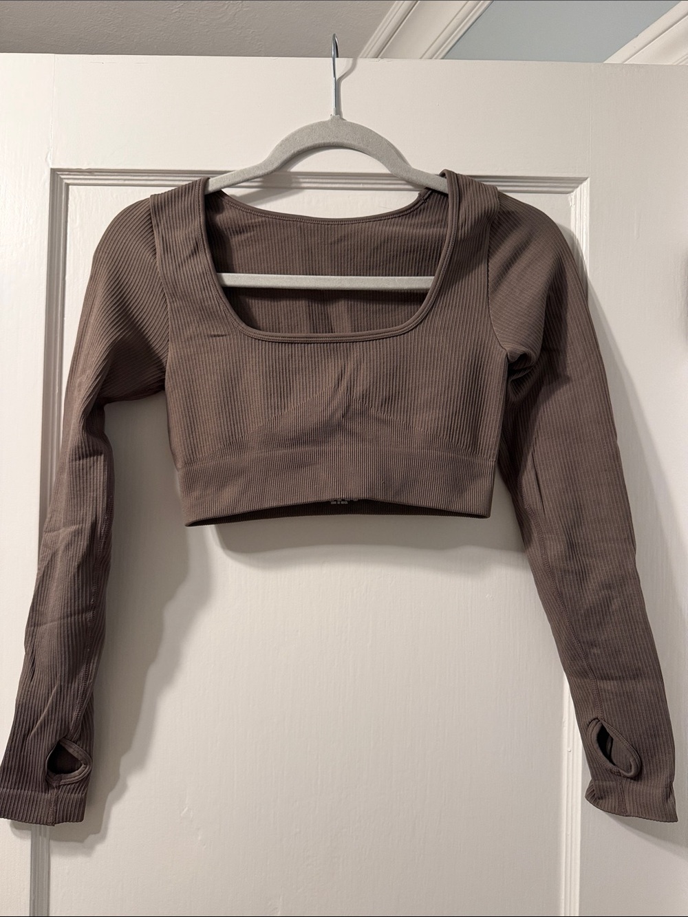 Ribbed Long-Sleeve Square Neck Crop Top in Taupe